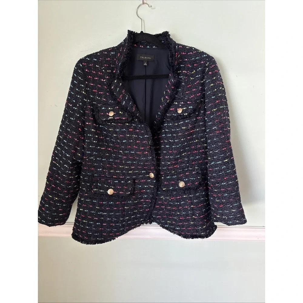 Talbots Sz 10 NAVY TWEED Rainbow Open Jacket Blazer Heavy Gold Career Dress‎